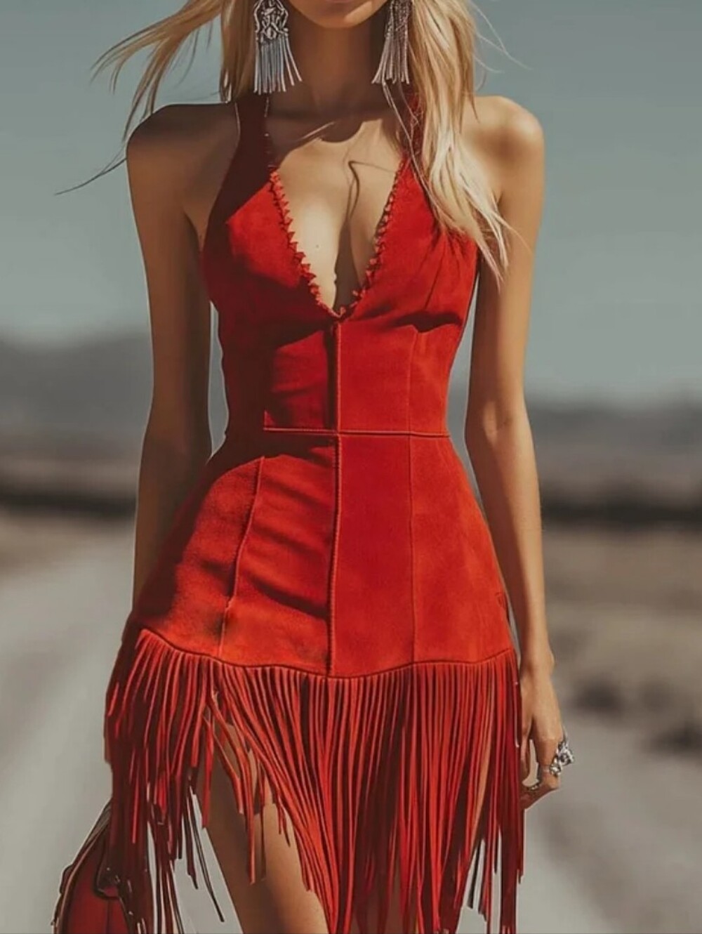 Oyrosy Western Red V-neck Fringe Bodycon Dress Medium NWT